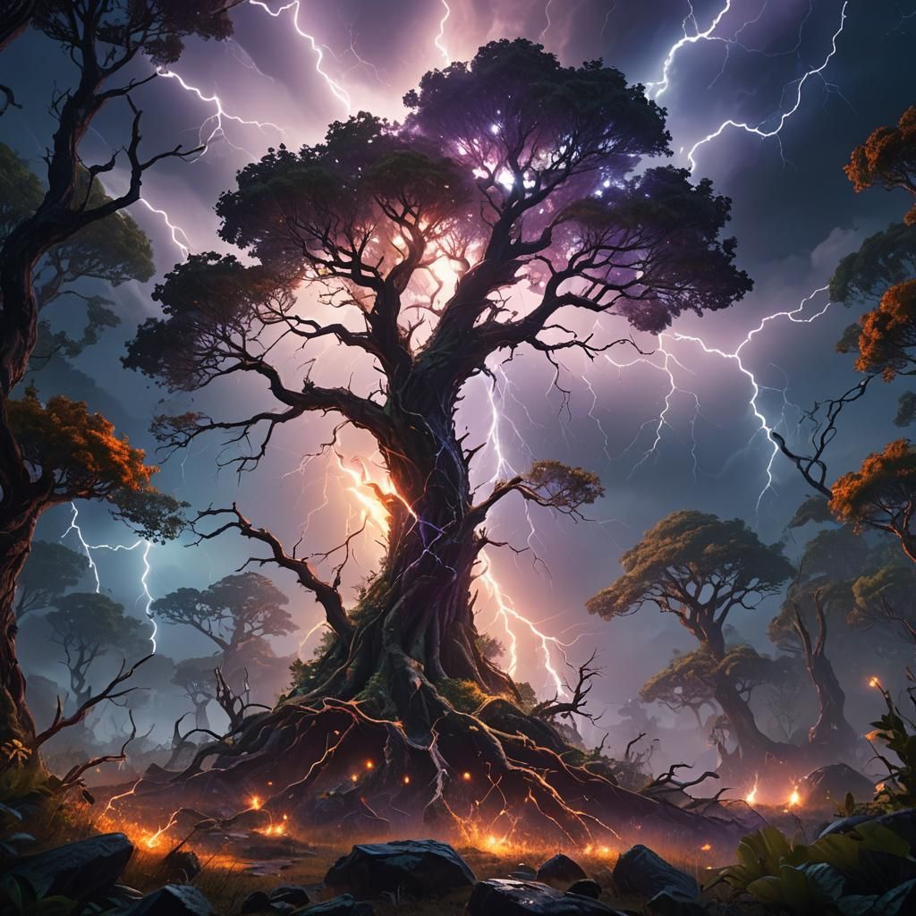 Epic Fantasy Lighting Storm Engulfs Ancient Forest