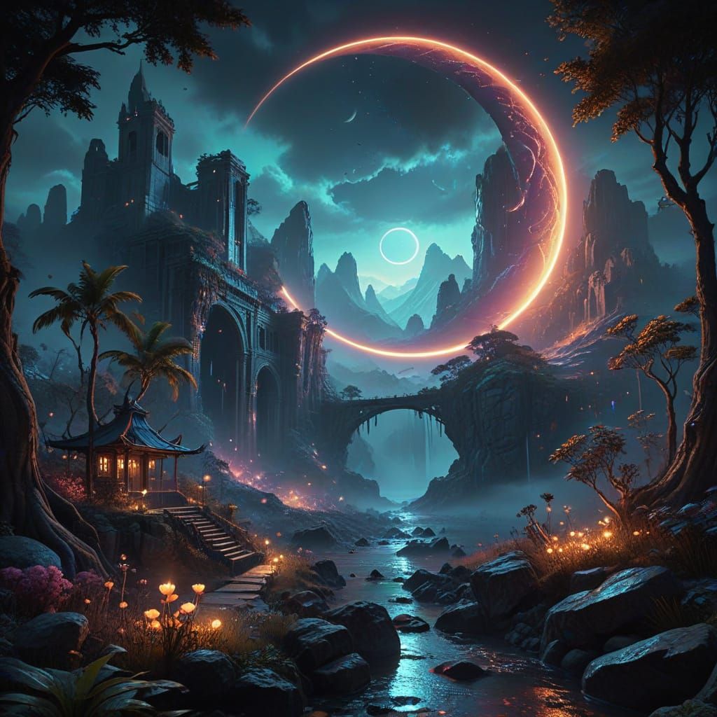 Surreal Landscape Unfolds Under Crescent Moonlight