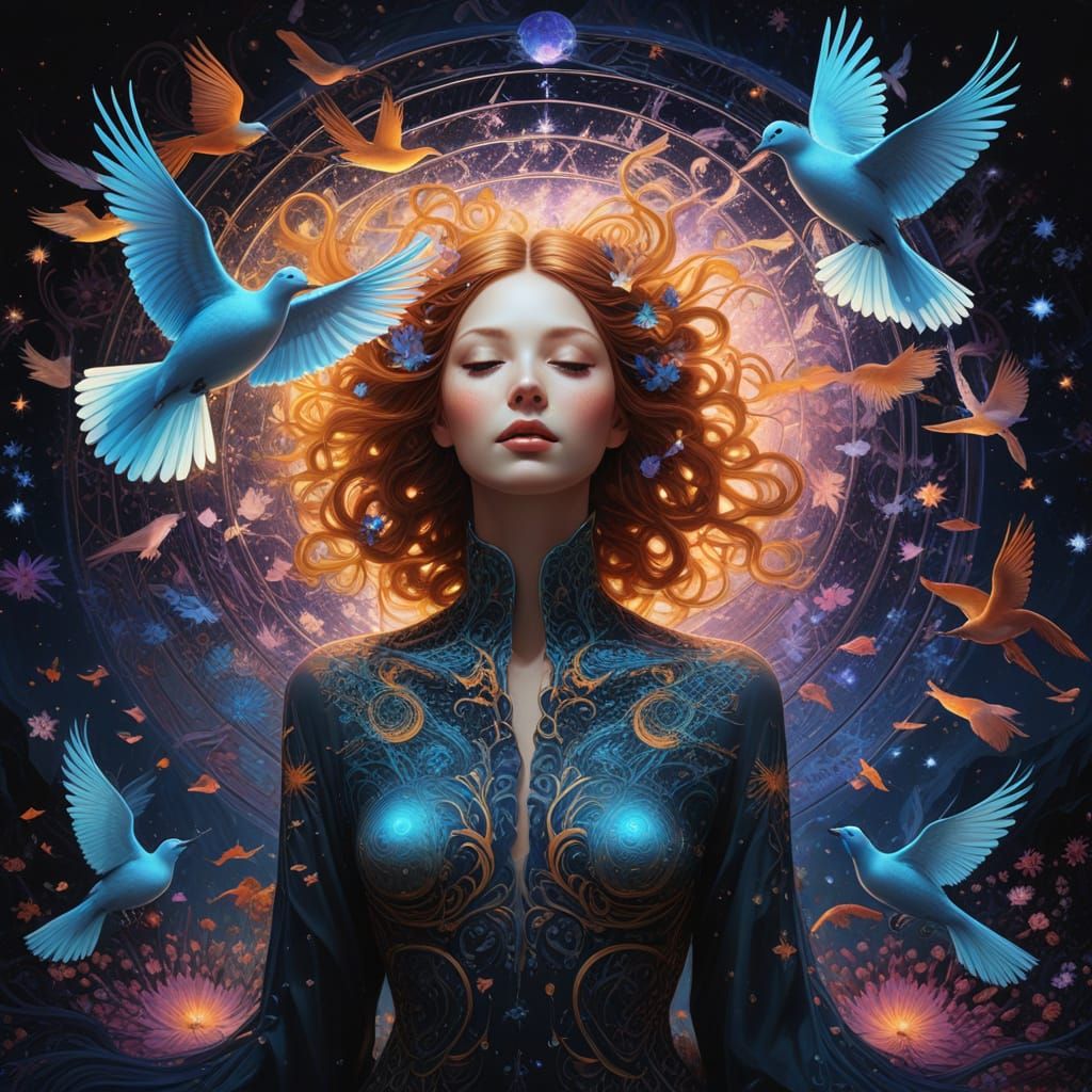 Ethereal Woman Transforms into Birds Amidst Cosmic Energy