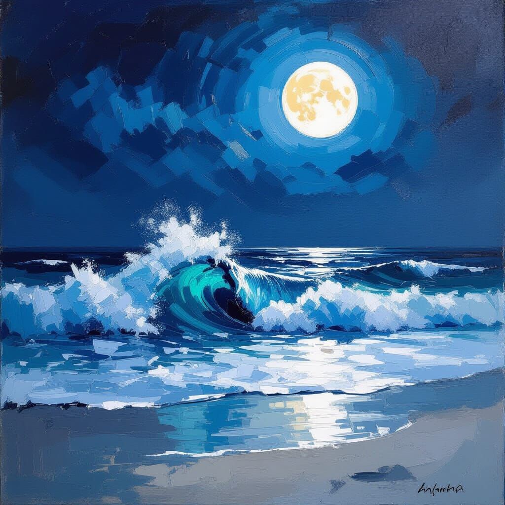 Midnight Wave: Impasto Seascape in Pastel Colors