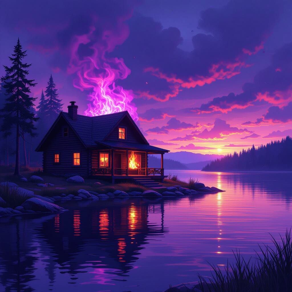 Cabin Engulfed in Purple Flames on Serene Lake