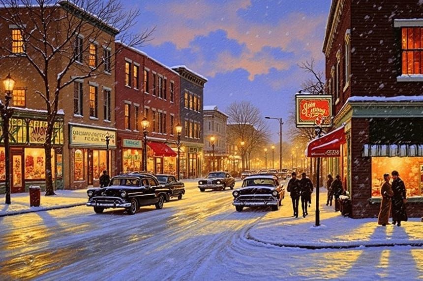 Nostalgic 1950s Snow Scene in Classic American Style