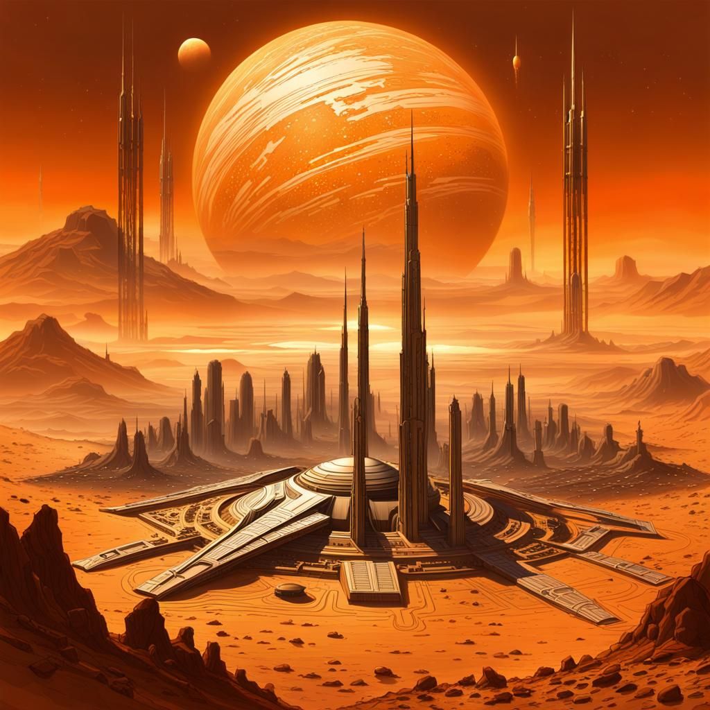 Surreal Martian City Illuminated by Glowing Ley Lines