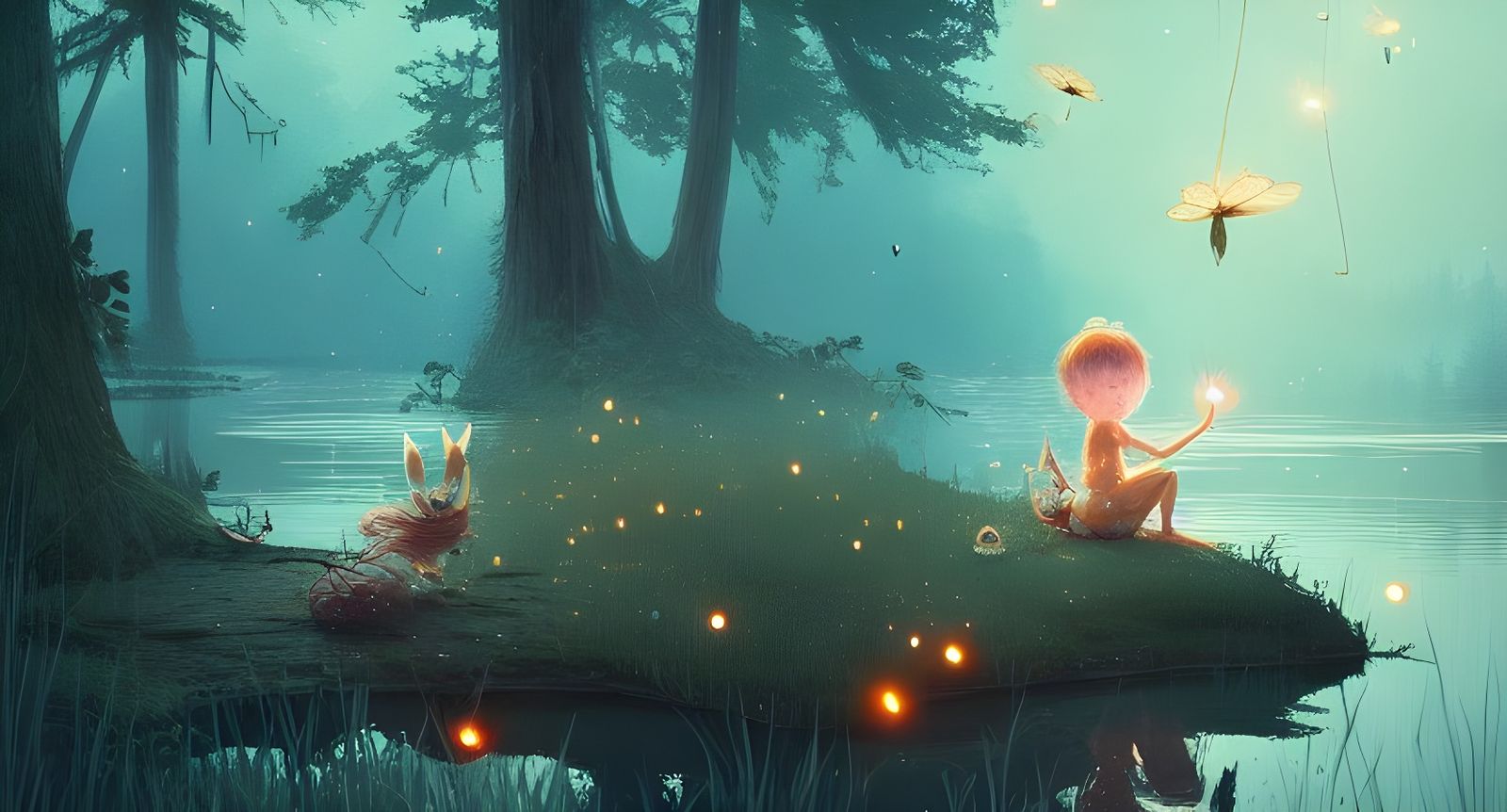 Whimsical Forest Spirit Amidst Twinkling Fireflies