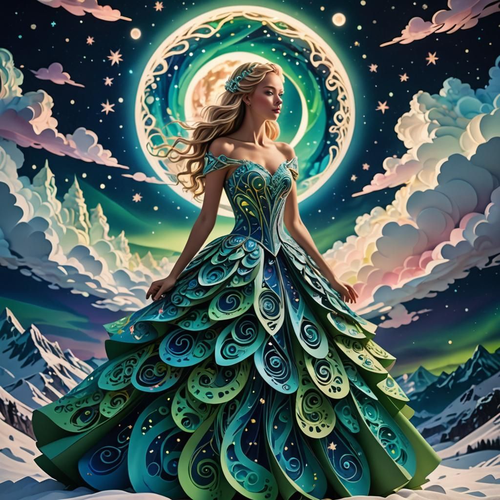 Majestic Paper Gown Illuminated by Northern Lights