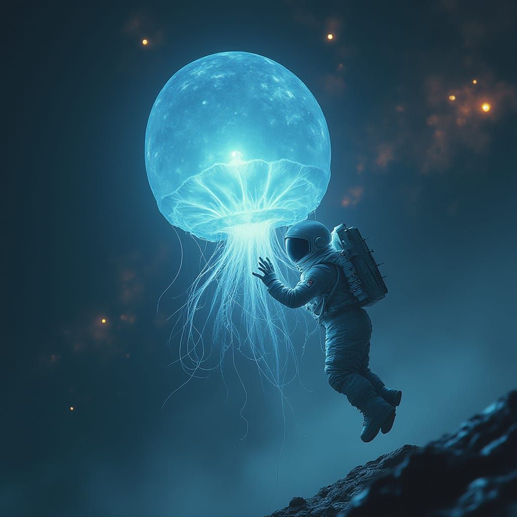 Astronaut and Bioluminescent Jellyfish Balloon in Space