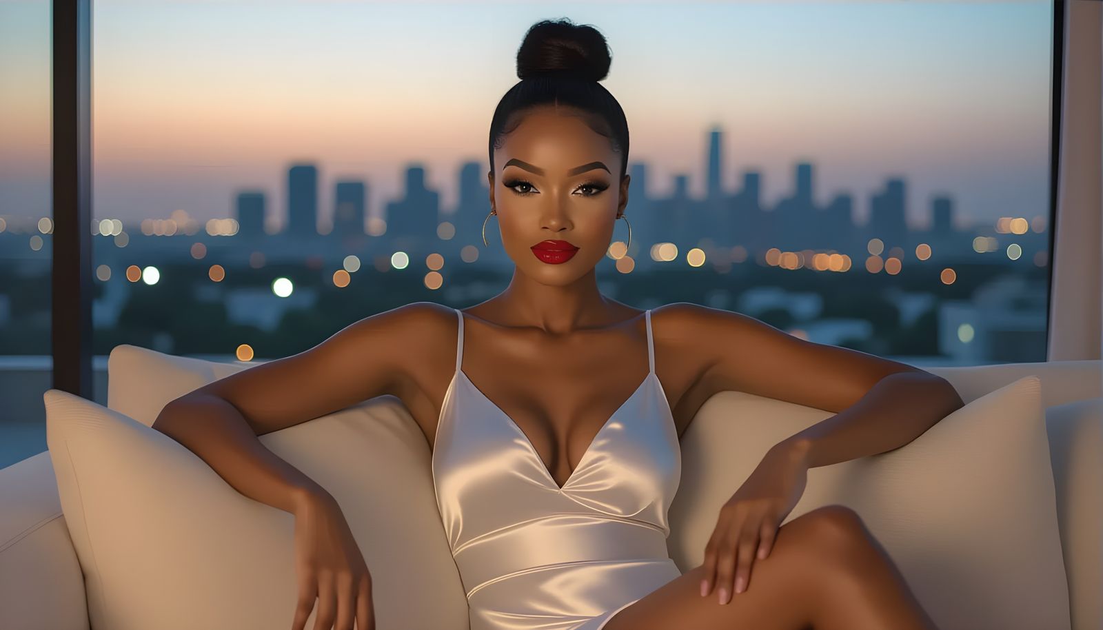 Nigerian Woman in Modern Living Room at Twilight