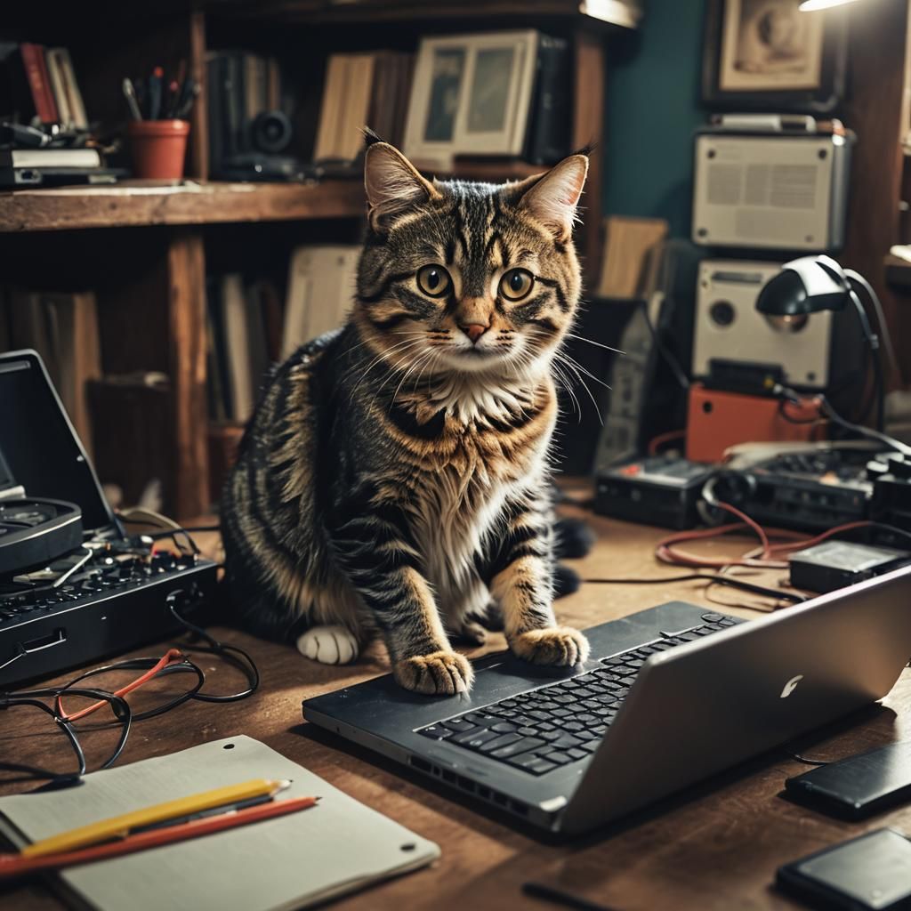 Cinematic Cat Repairs Laptop: Film Still