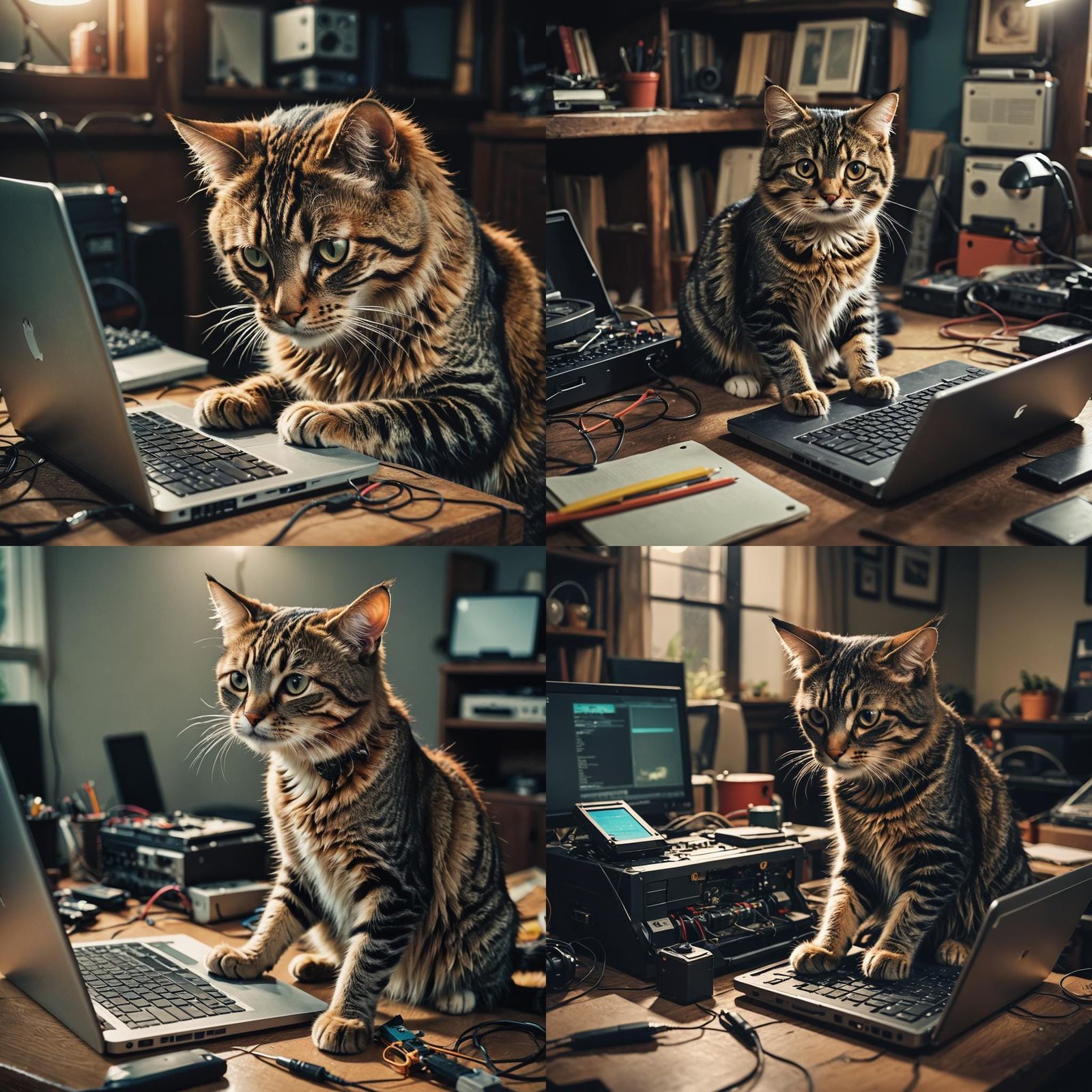 A Cinematic Masterpiece of a Cat Repairing a Laptop in Film....