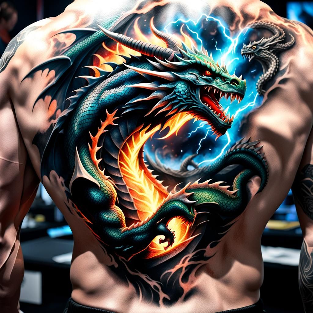 3D tattoo on wrestlers back of dragon ripping through  back breathing glowing plasma , GeForce RTX, 2TB NVMe M.2 SSD, 6T...