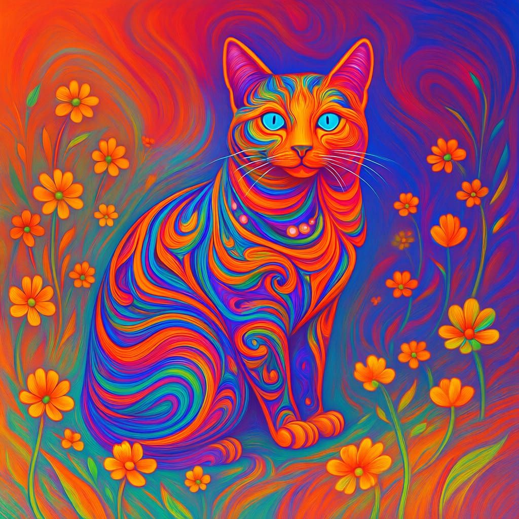 Realistic Cat on Wildflower Meadow in Pastel Tones