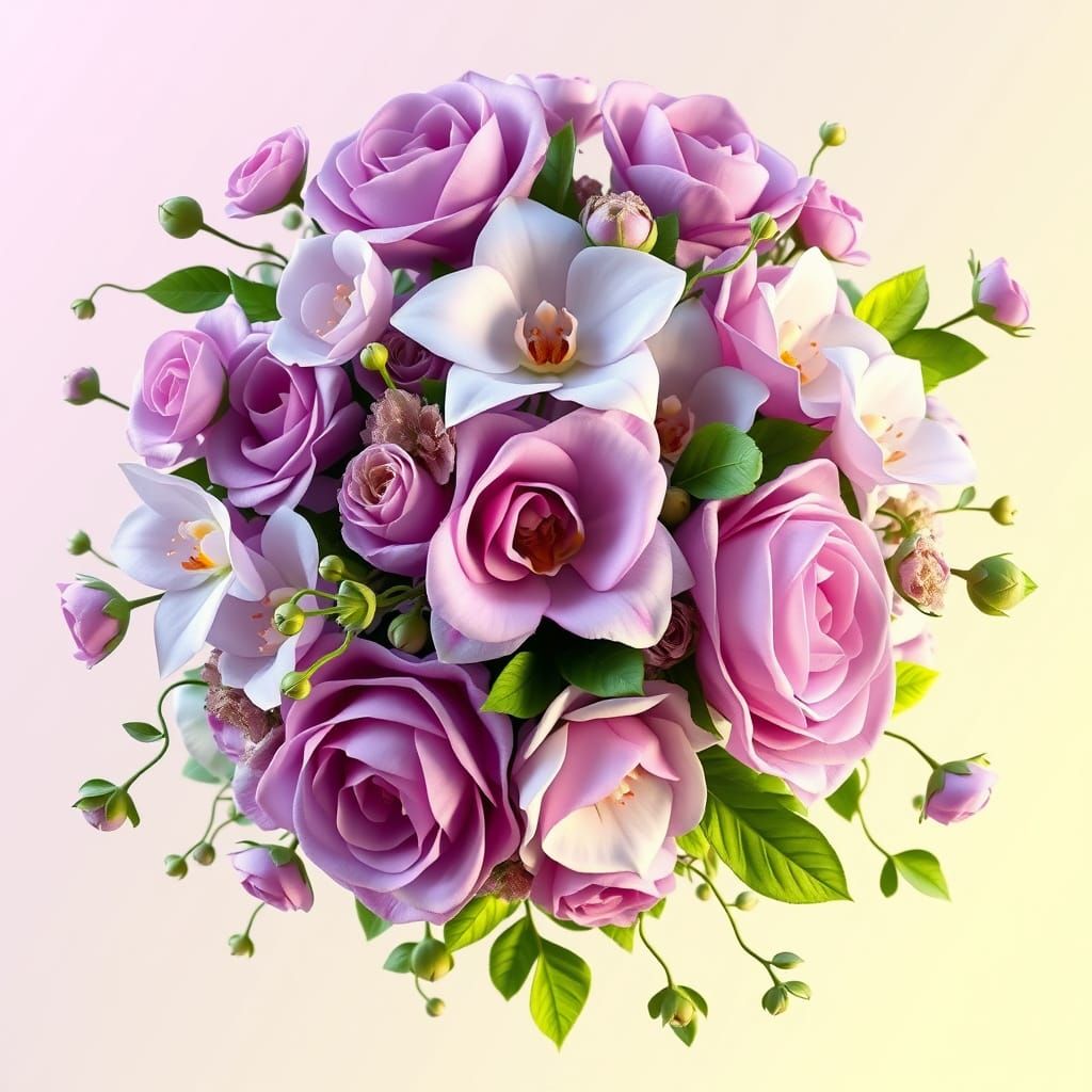 Luxurious 3D Floral Masterpiece with Delicate Purple Roses a...