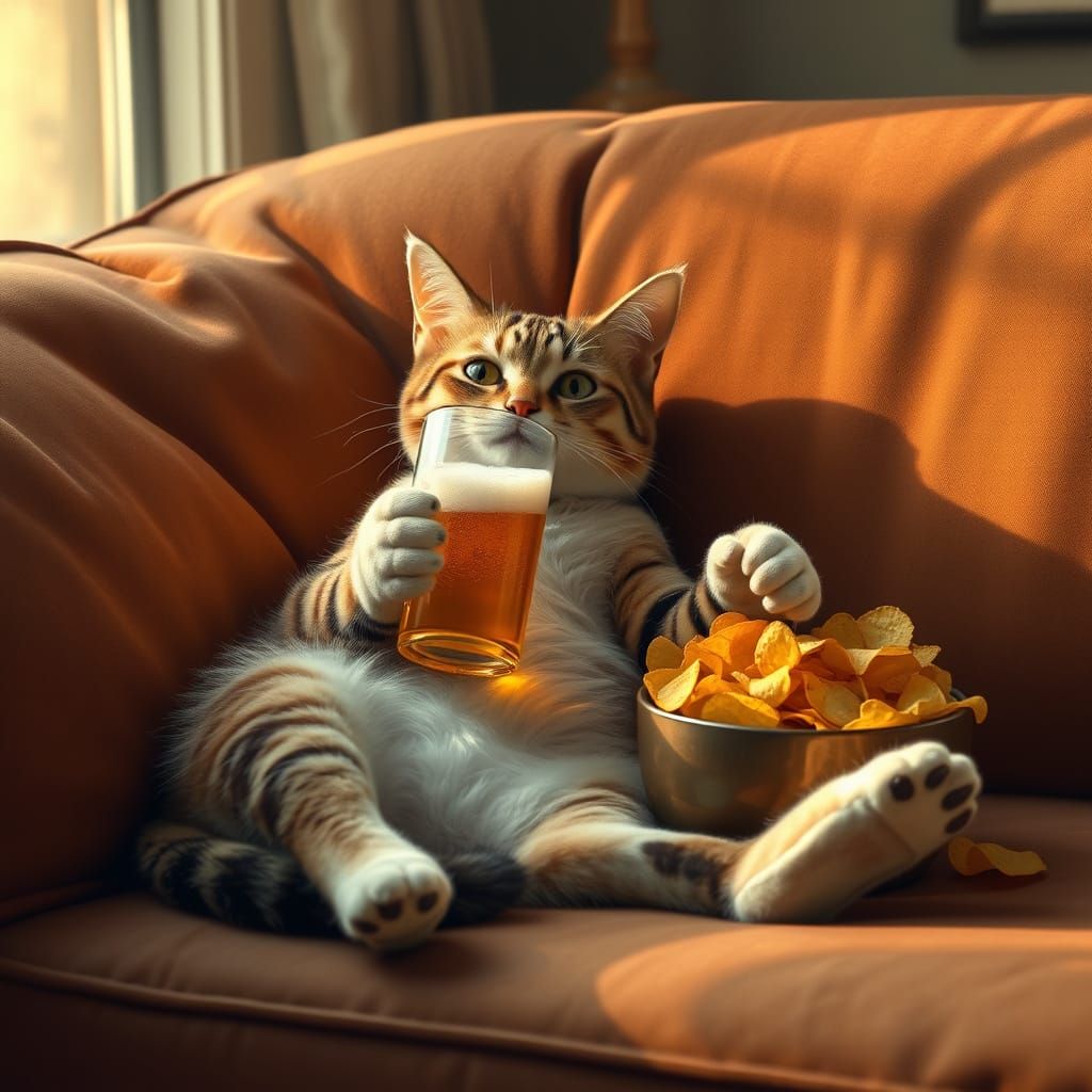Hyperrealistic Cat Relaxing on a Couch with Beer and Snacks