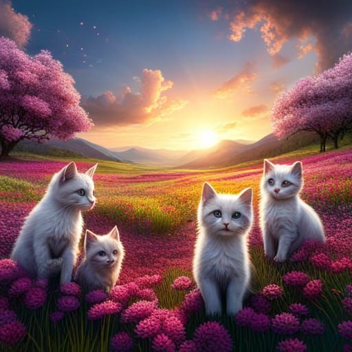 Four Kitten Friends Frolic in Enchanted Floral Wonderland