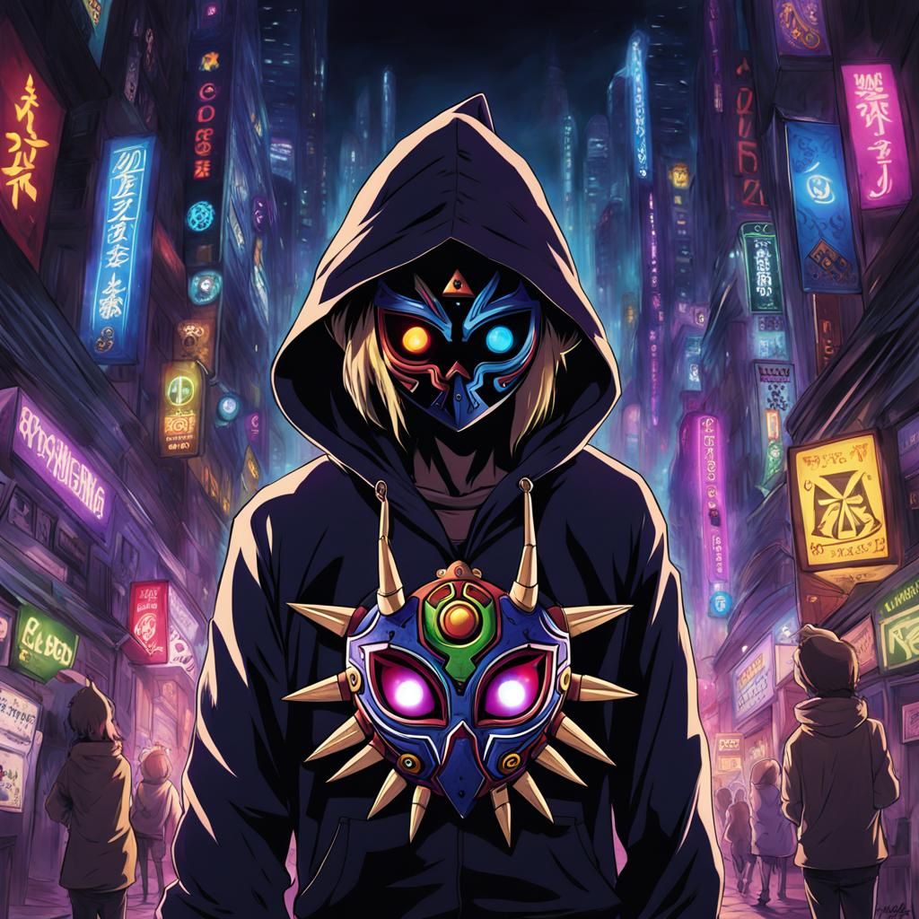 Cyberpunk Figure Wears Majora's Mask with Dark, Gritty Inten...