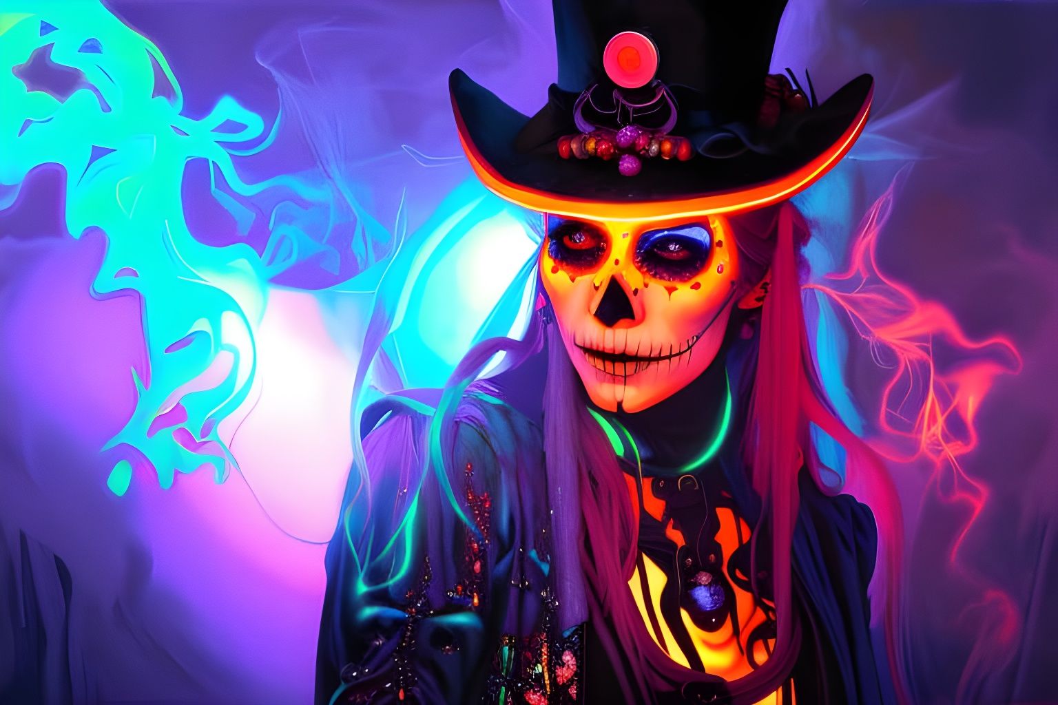 Glowing Sugar Skull Witch in Neon Surroundings