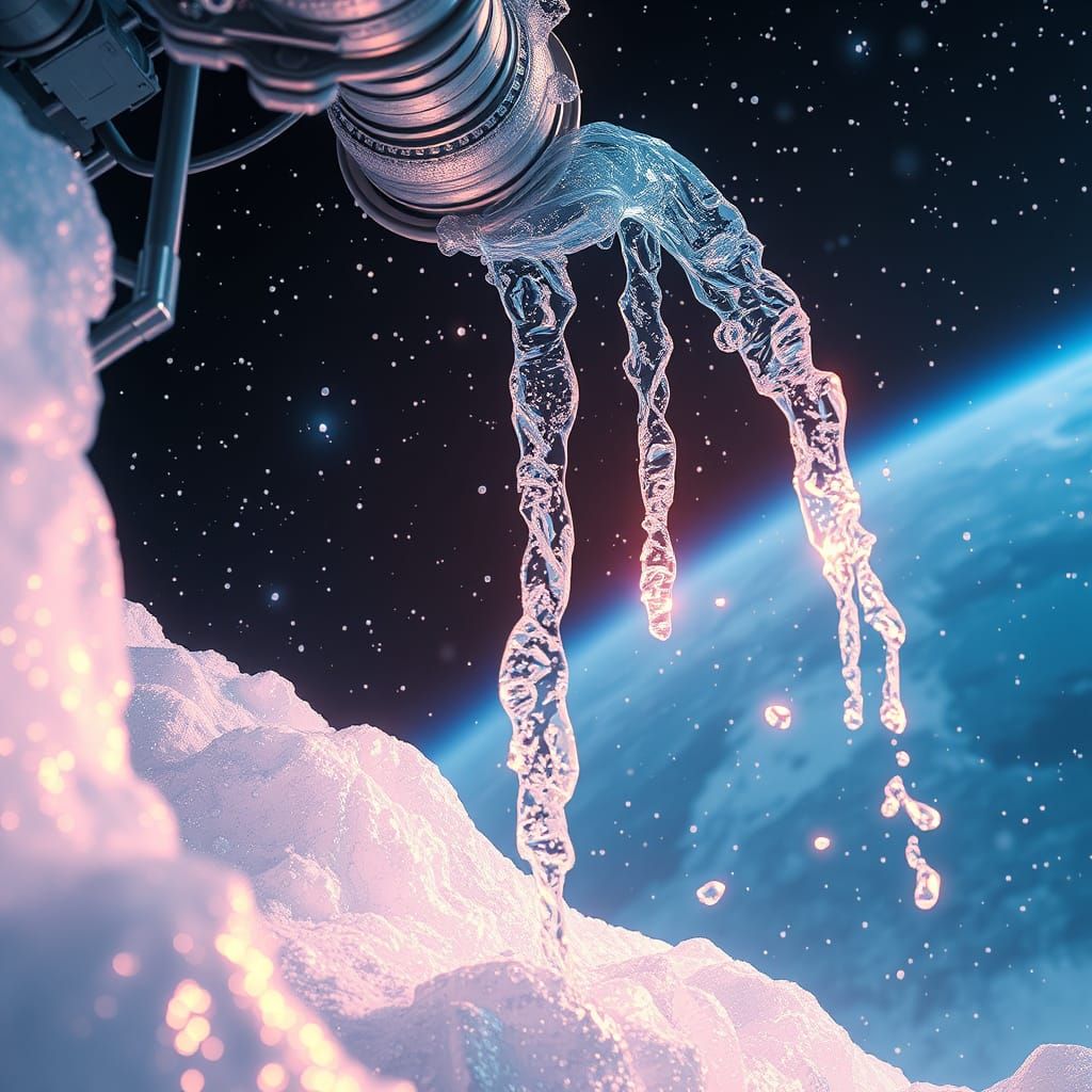 Frozen Waterfall on Space Station in Ethereal Style