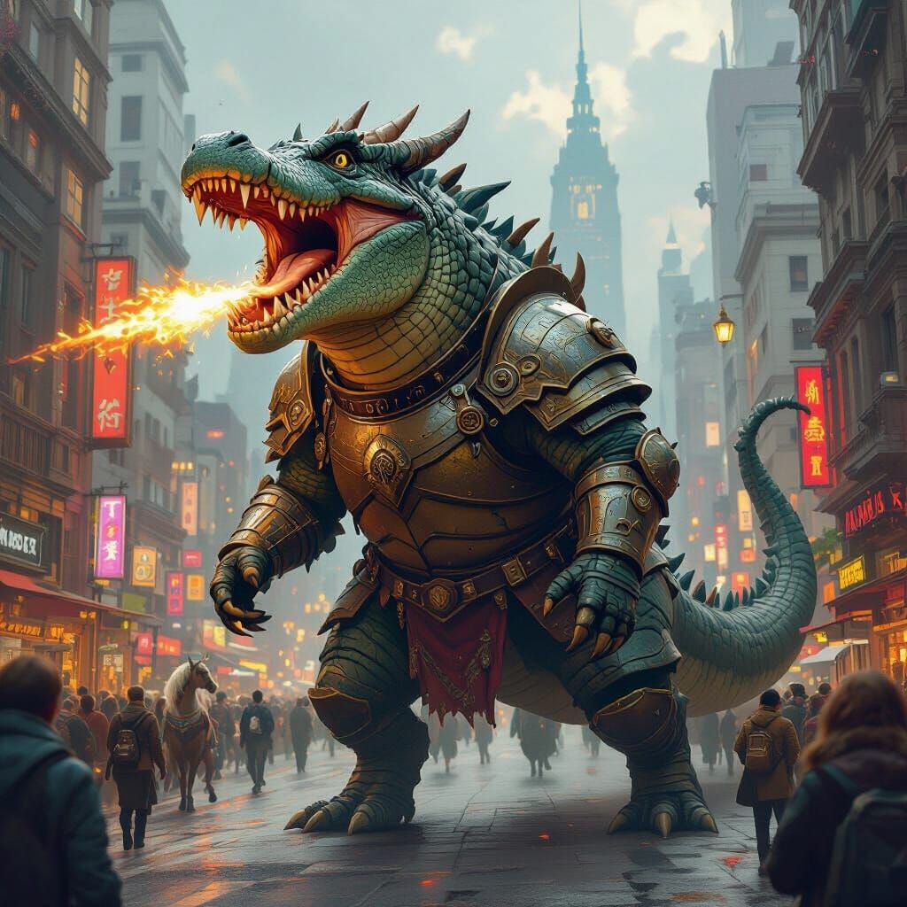 Armored Chimera Roaring in Metropolis, Digital Art
