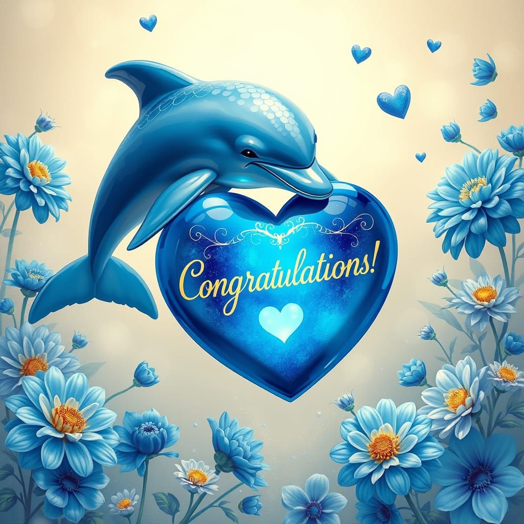 a graceful blue dolphin swimming seamlessly through tranquil waters. The dolphin proudly holds a radiant, warm, and glow...