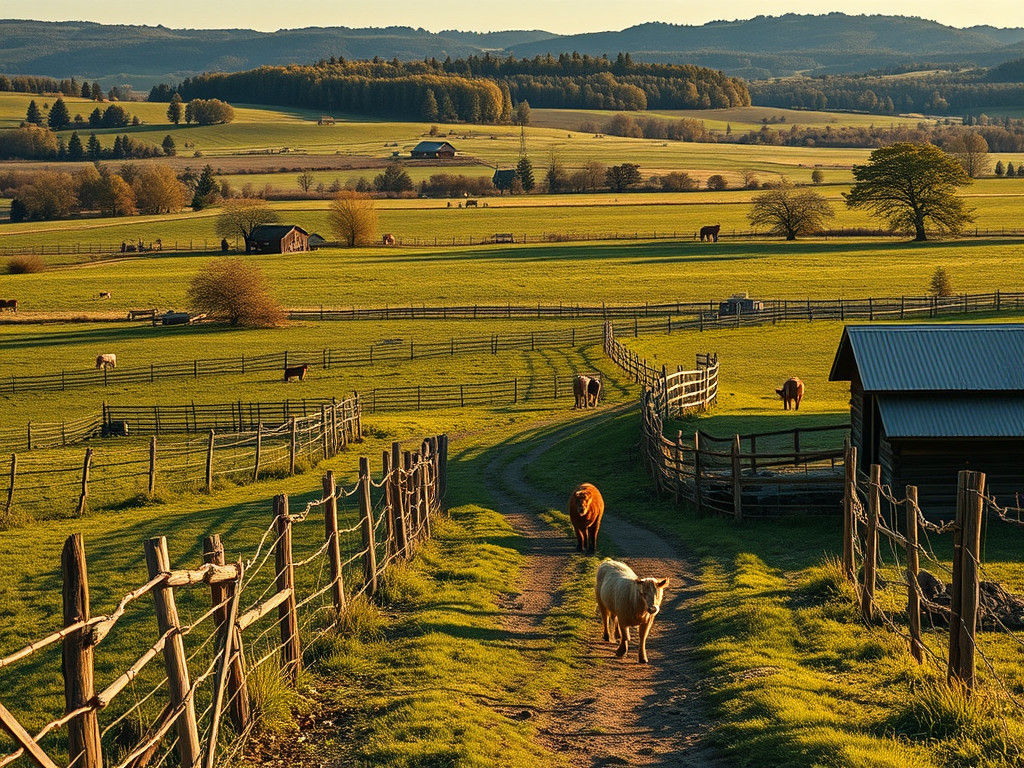 Rustic Farm Landscape with Free-Roaming Animals