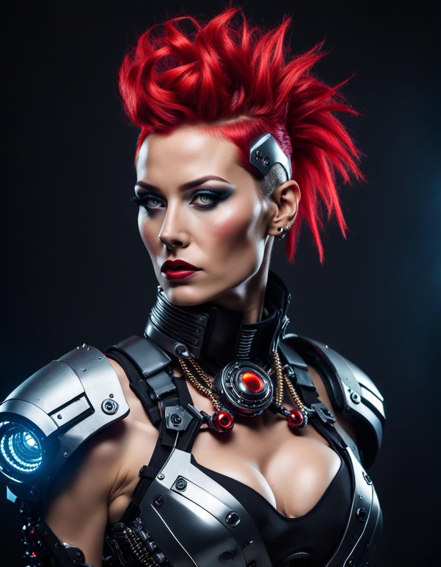 Cyborg Warrior with Red Mohawk in Steampunk Style