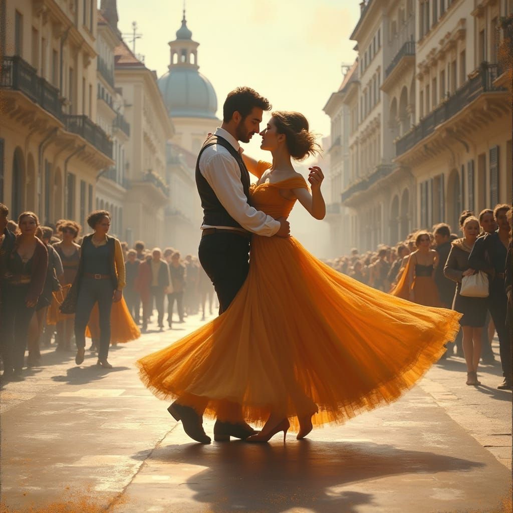 Romantic Waltz Couple in Elegant Wiesbaden Cityscape