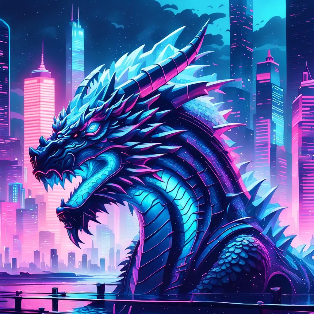 Neon Dragon Unleashes Icy Fury in Futuristic Cityscape