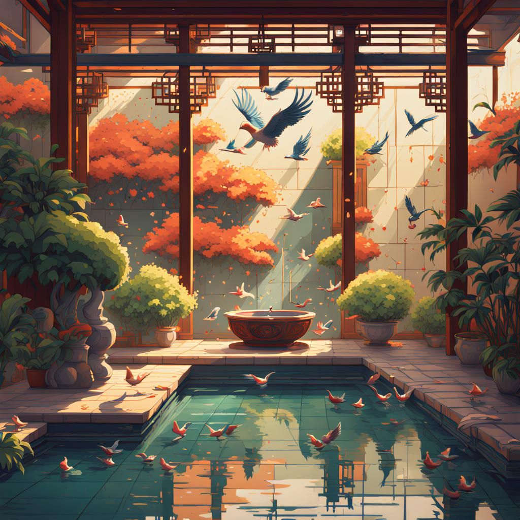 Idyllic Oriental Garden Scene with Birds and Pool