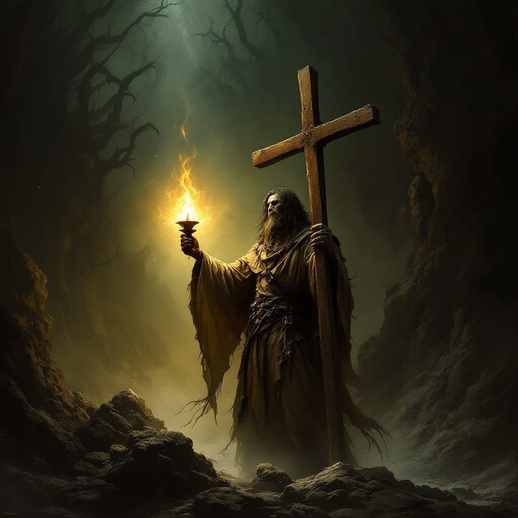 Man Defies Darkness with Sacred Light in Tattered Robes