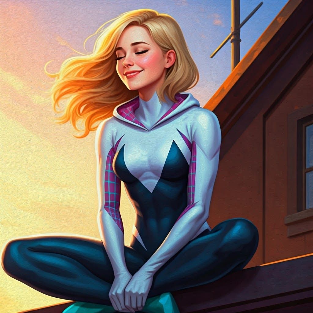 Gwen Stacy, Peaceful and Happy in Sunset Light, Oil Painting...