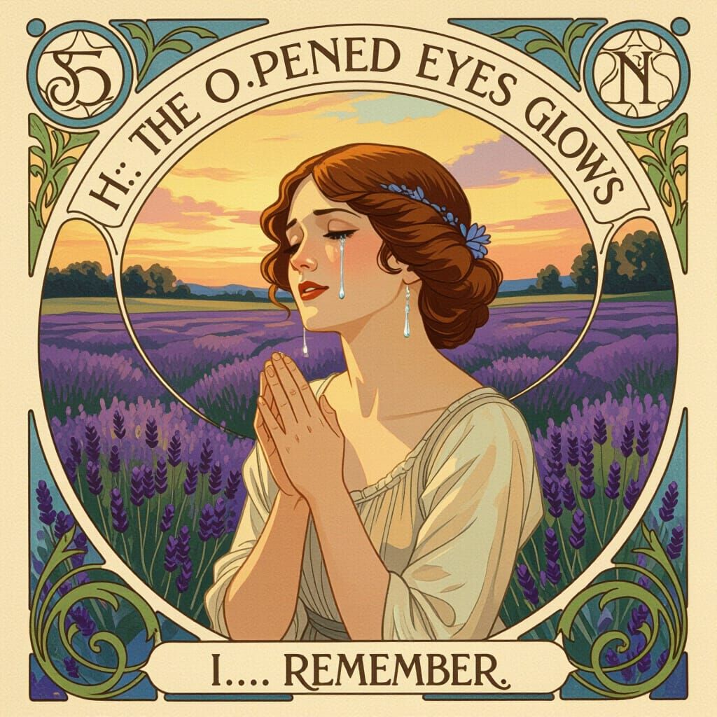 Art Nouveau Woman Remembers Among Glowing Lavender