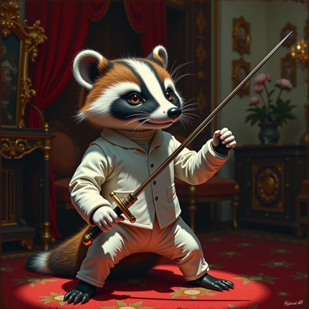 Badger Fencer in Opulent Salon, Impressionist Style