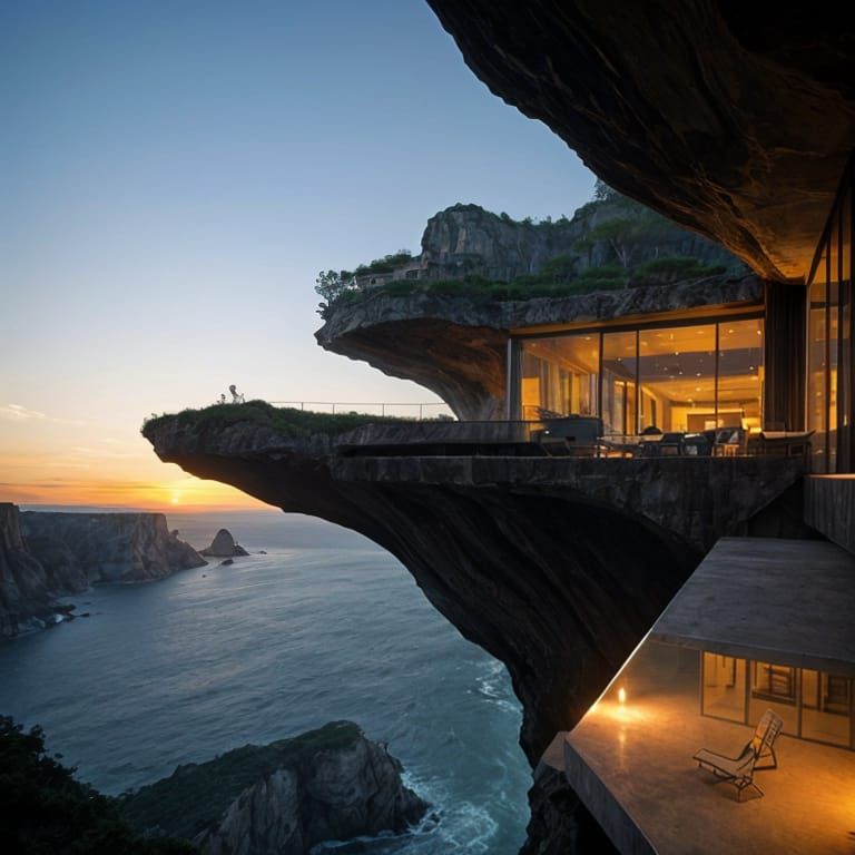 Futuristic Cliffside House at Sunset