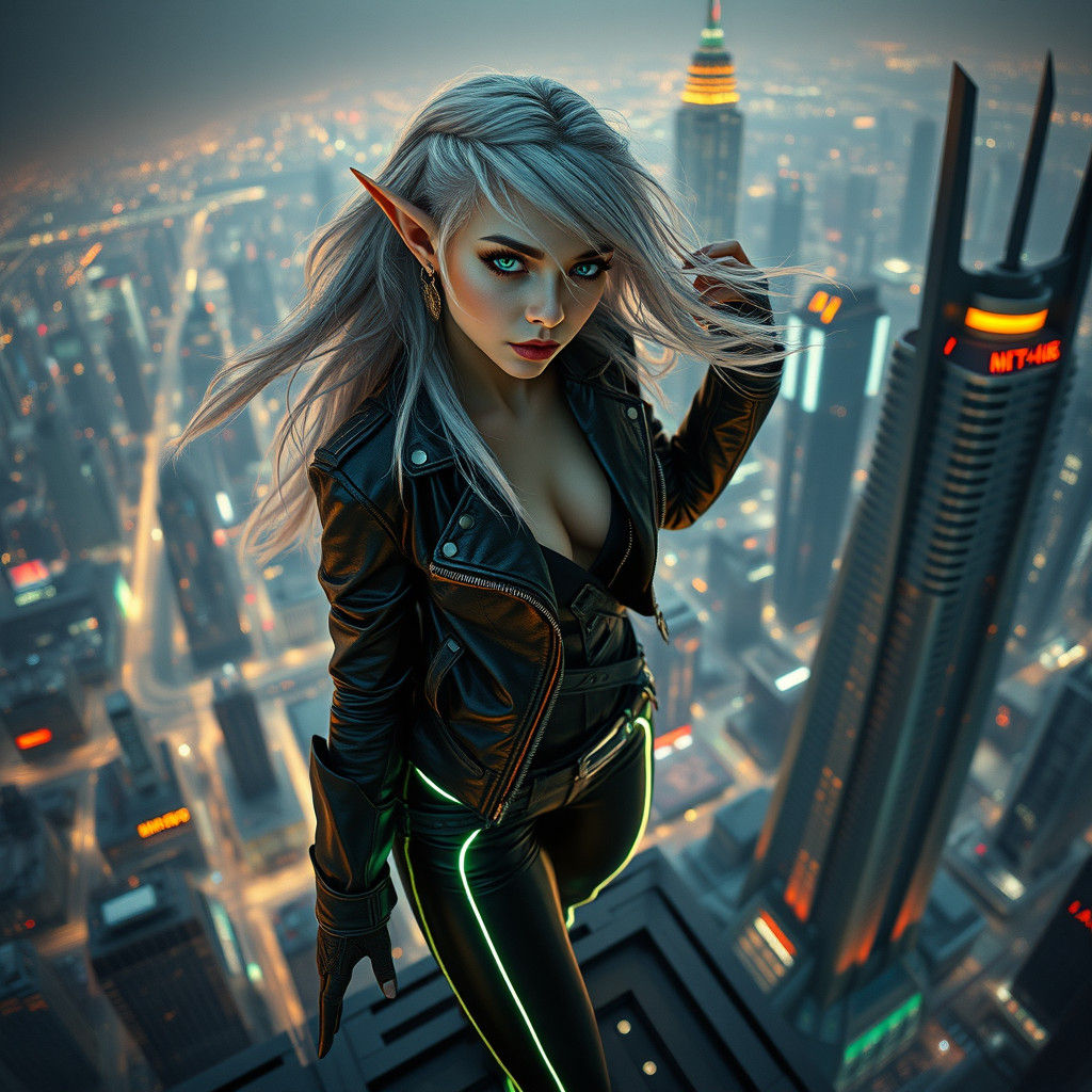 Cyberpunk Elf Goddess Dominates Futuristic Metropolis