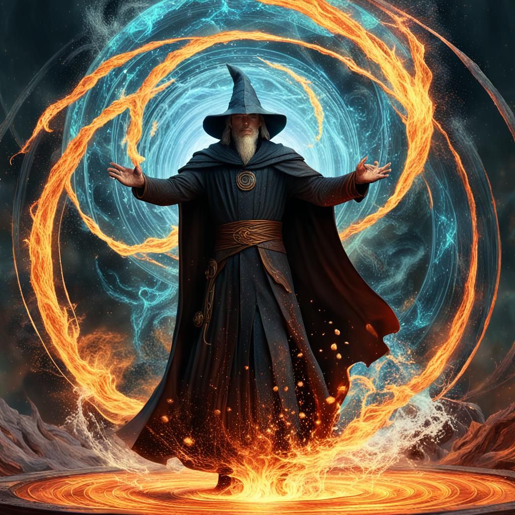 Dark Fantasy Wizard Amidst Elemental Vortex