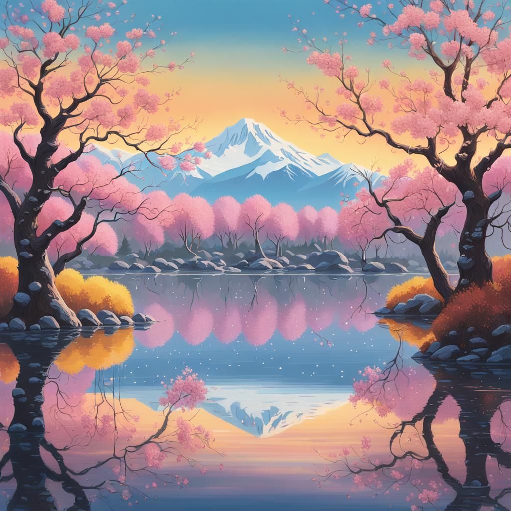 Fantasy Landscape with Multicolored Cherry Blossoms and Snow...