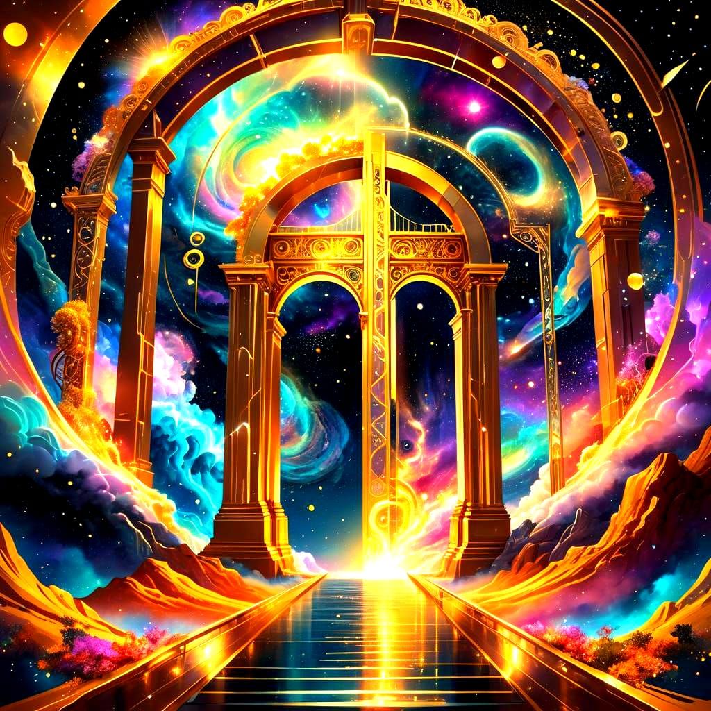 Dreamscapes of Cosmic Portals in Vibrant Holographic Style