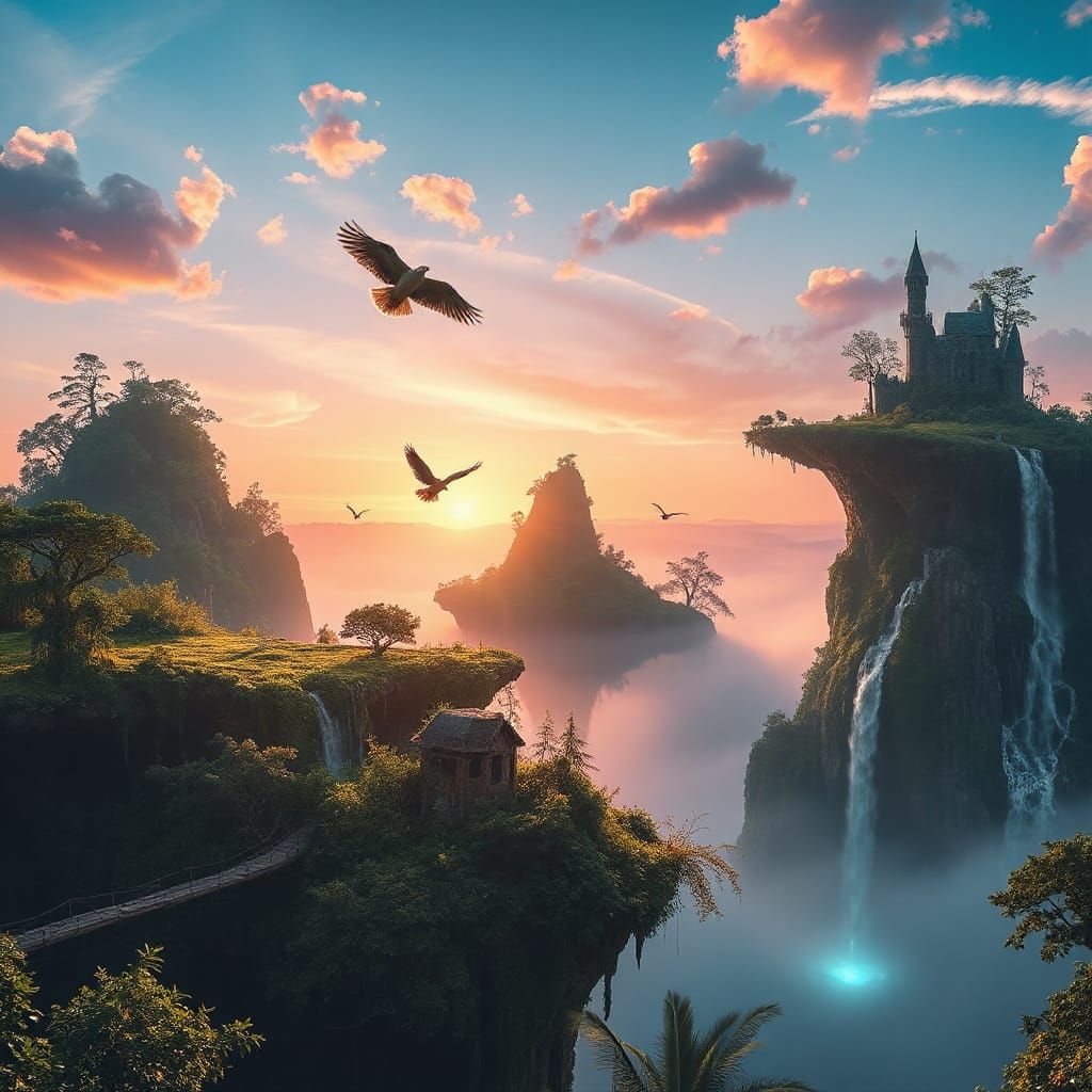 Floating Islands Paradise with Waterfalls at Sunrise