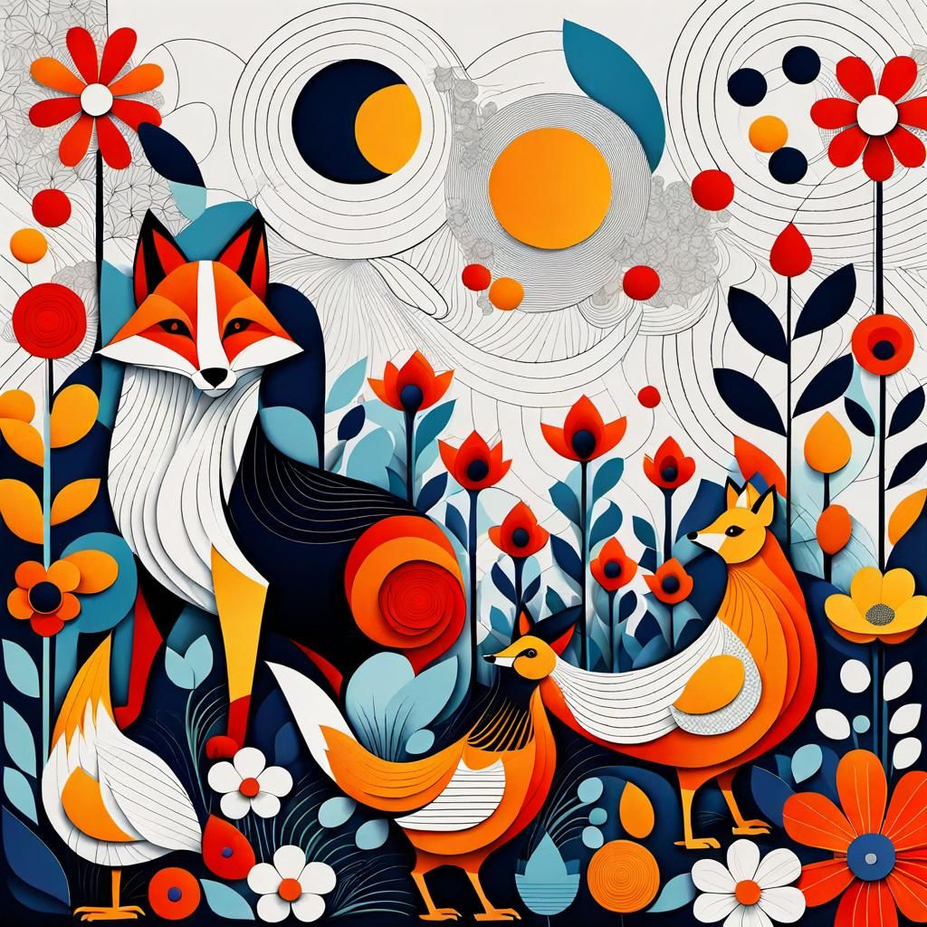 Vibrant Modern Garden Scene in Geometric Abstraction Style