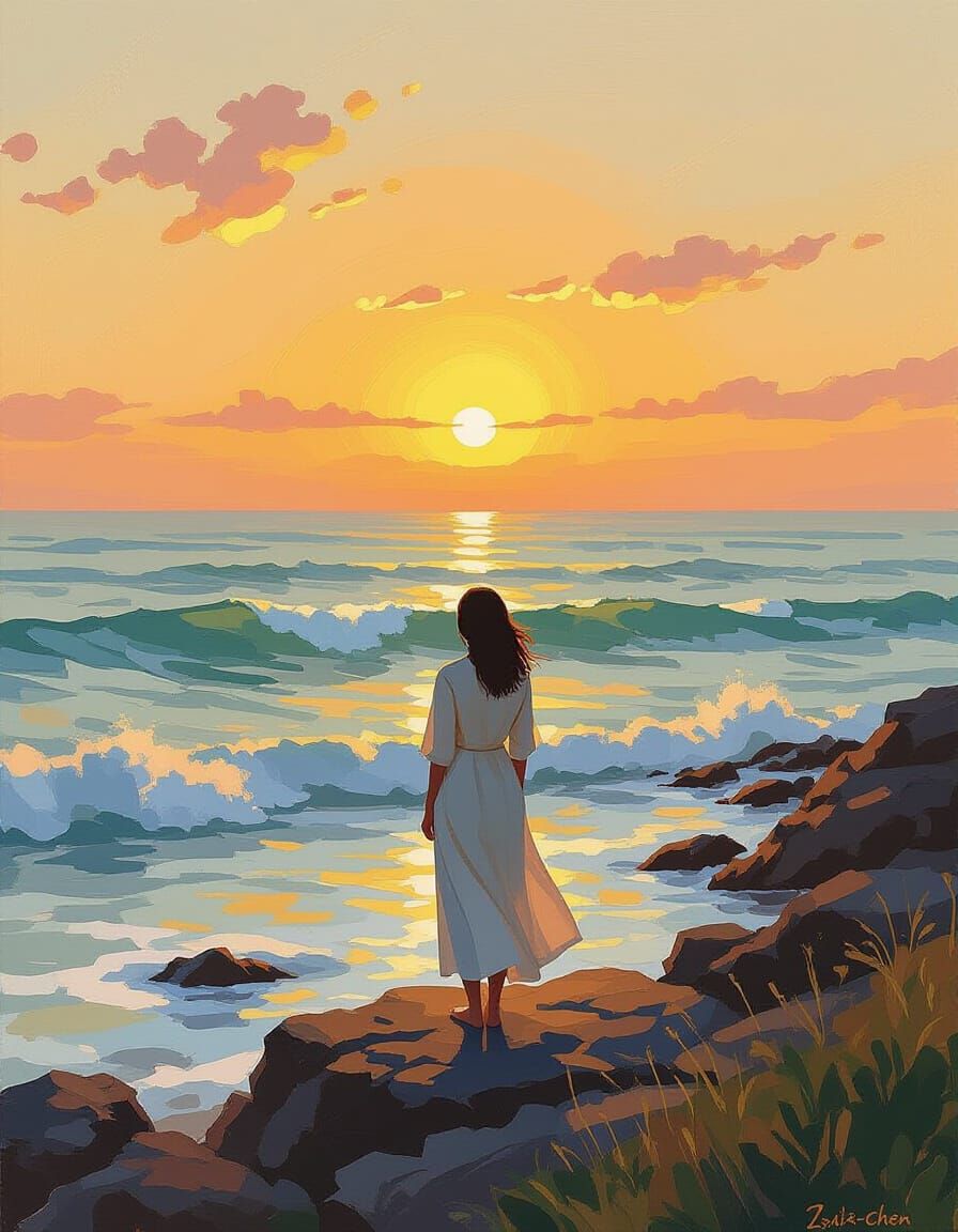 Golden Hour Coastal Scene in Impressionist Style
