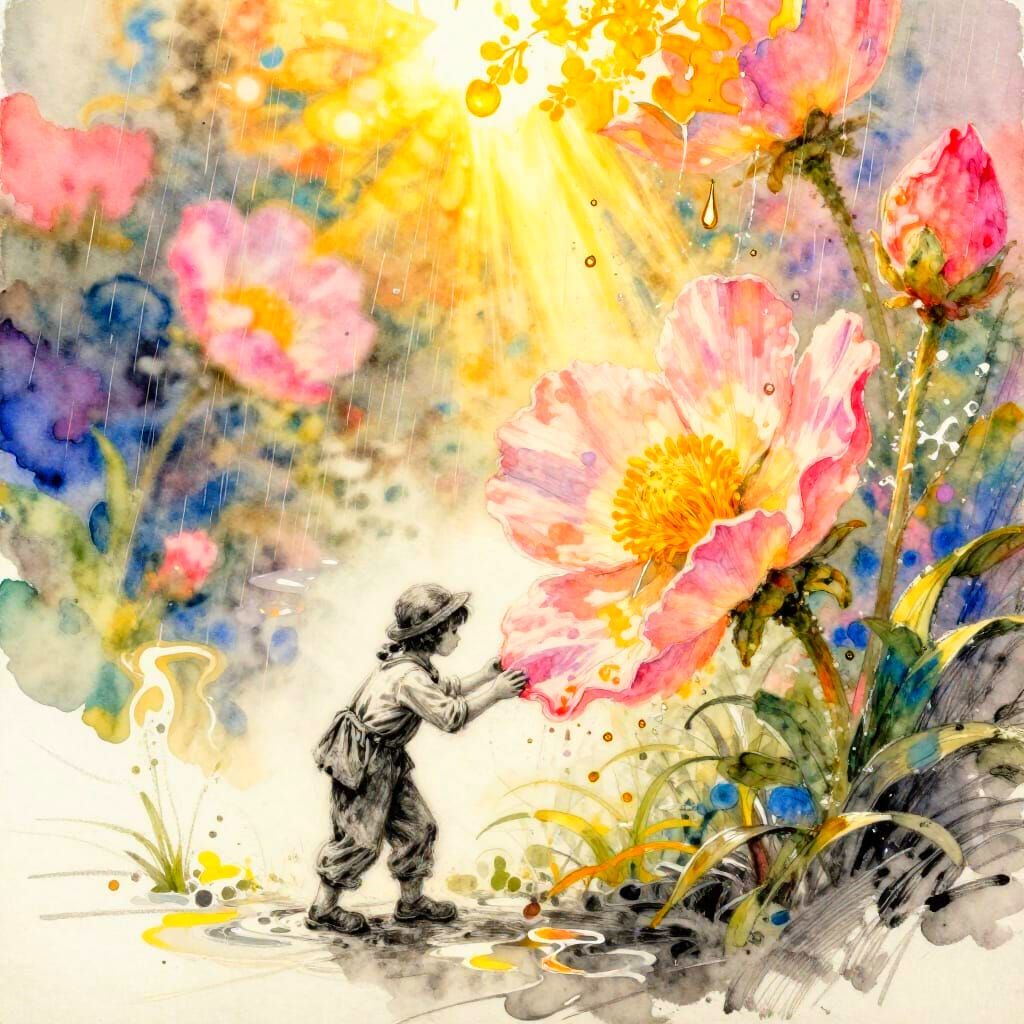 Tiny Gardener Tends Giant Blossom in Watercolor and Charcoal