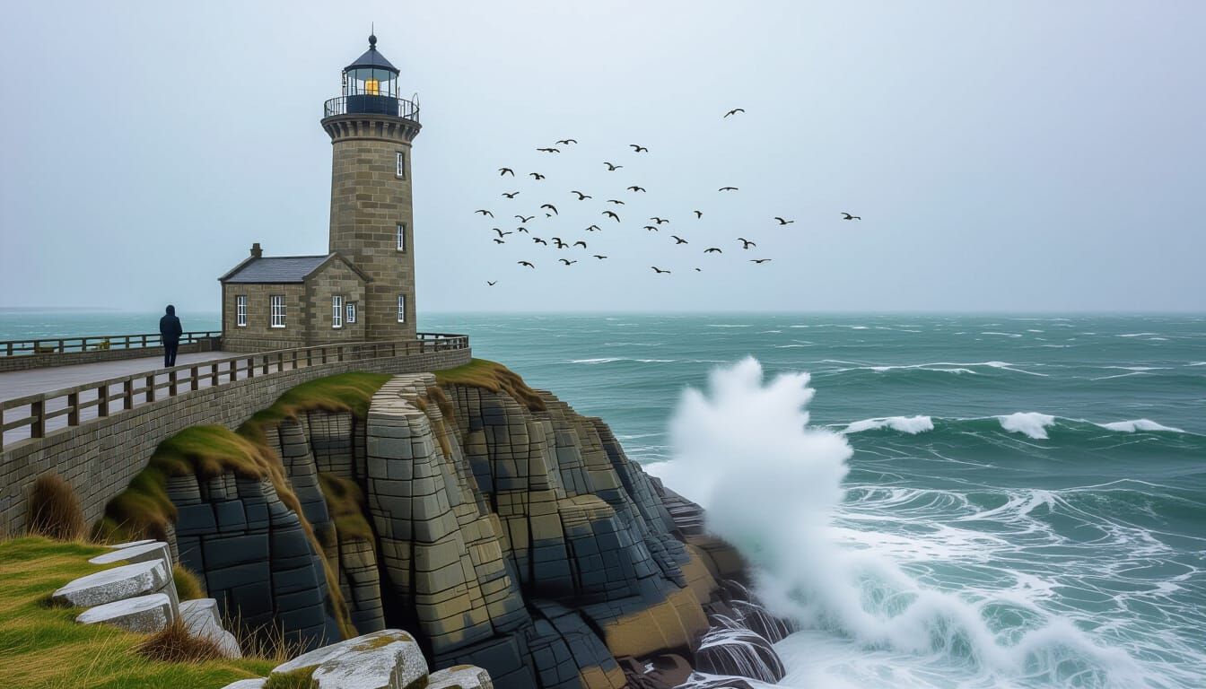 Lighthouse on Windswept Cliff in Watercolour Style