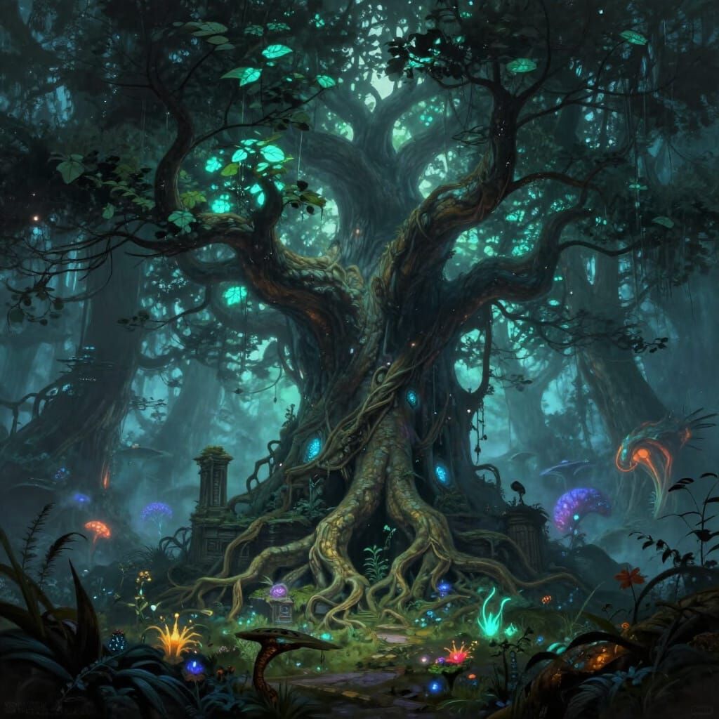 Ancient Bioluminescent Tree in Misty Ruins