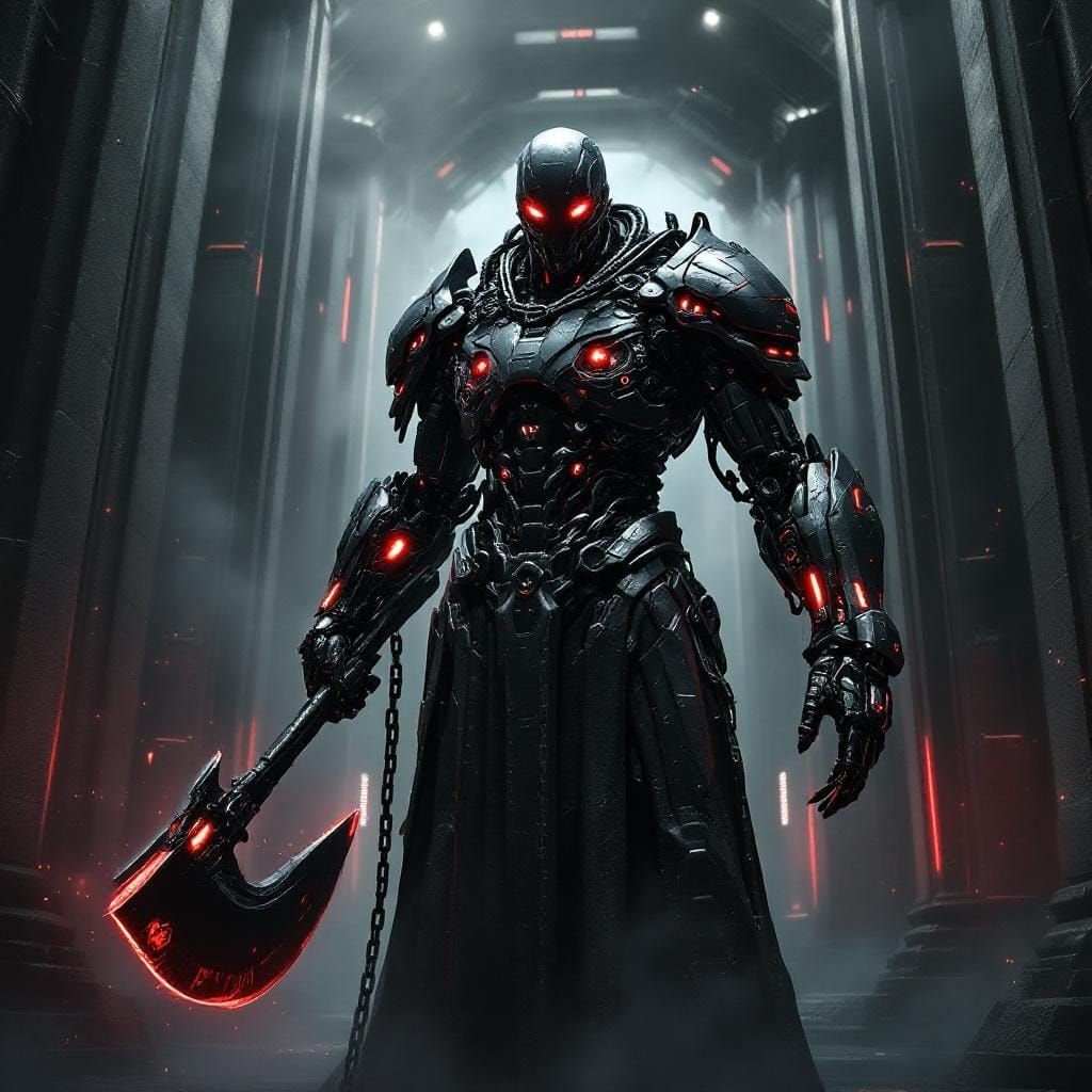 Cybernetic Executioner with Giant Axe in Futuristic Chamber