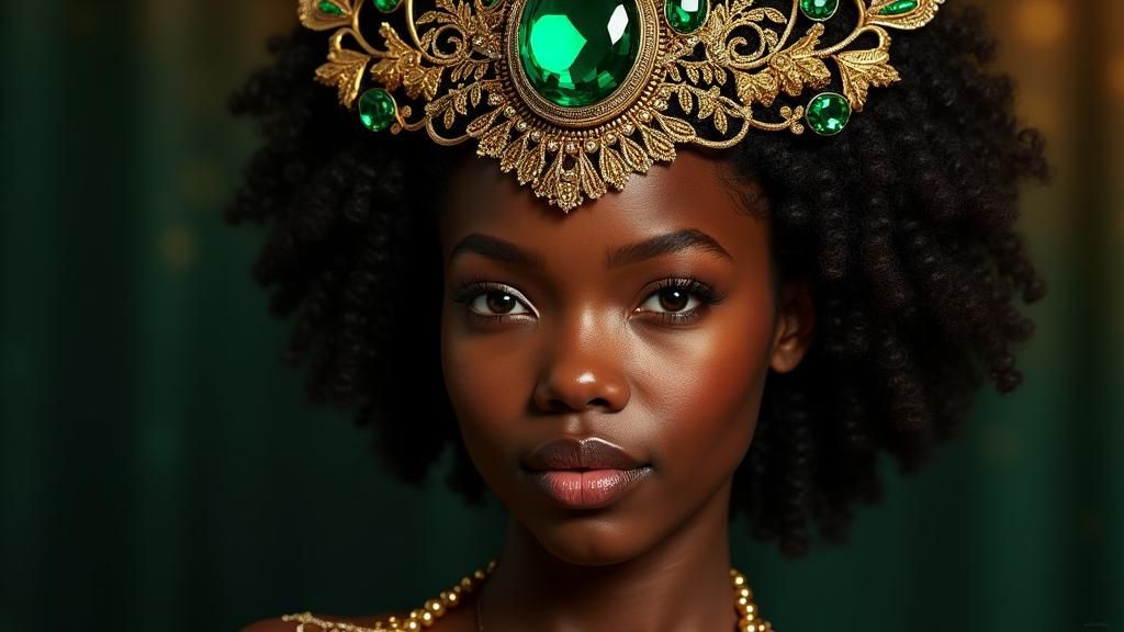 Elegant Black Girl Portrait in Vibrant Gold and Emerald Jewe...