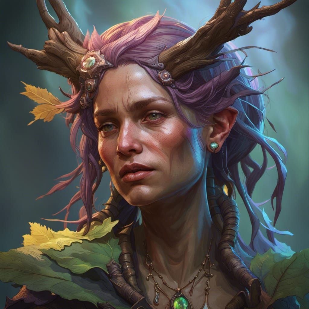 Ethereal Bog Witch Portrait in Vibrant Triadic Hues