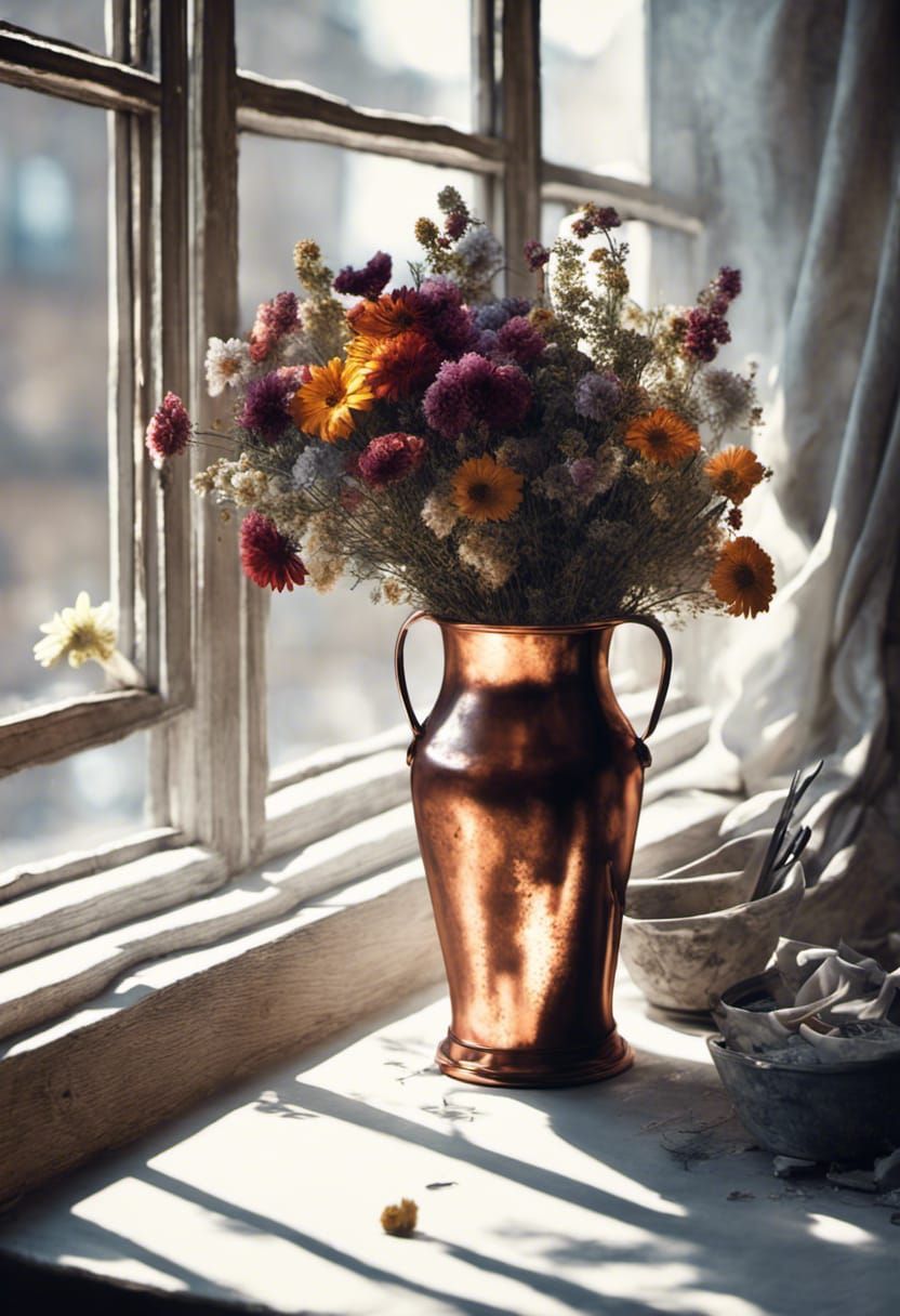 Dry Flowers by Window in Hyperrealist Style