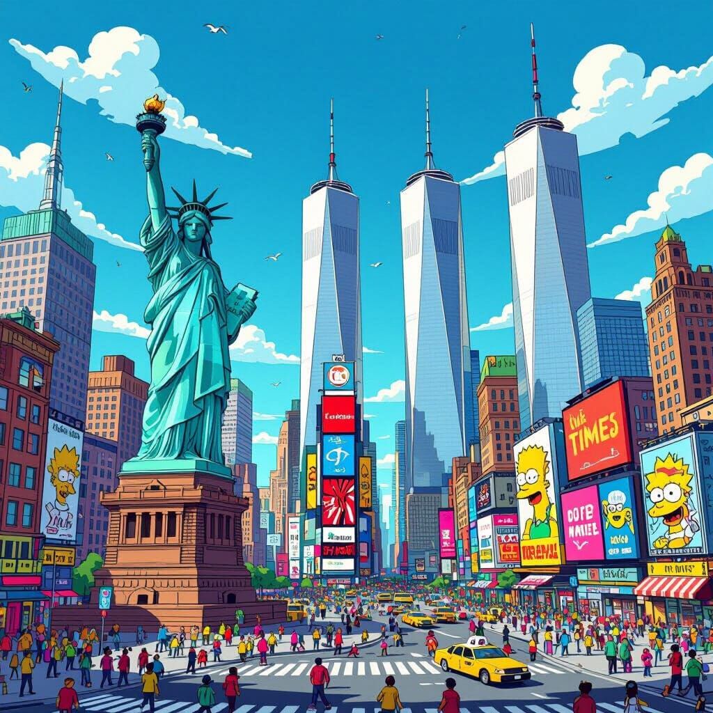 Simpsons Style City Panorama with Iconic Landmarks