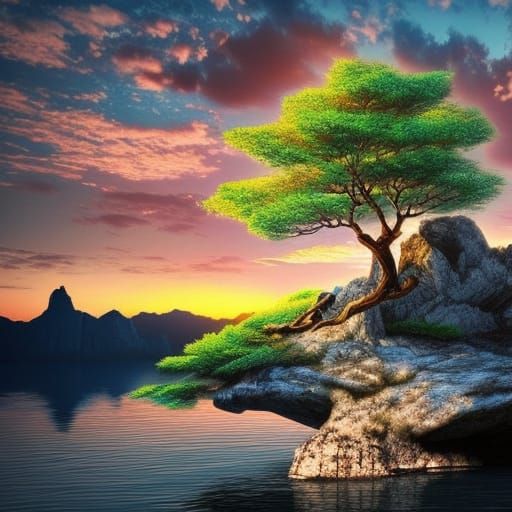 Epic Sunset Lake Scene with Detailed Digital Painting