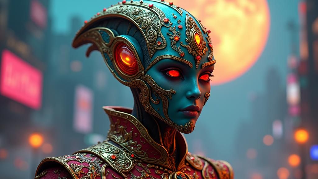 Ethereal Alien Lord in Neon Cityscape